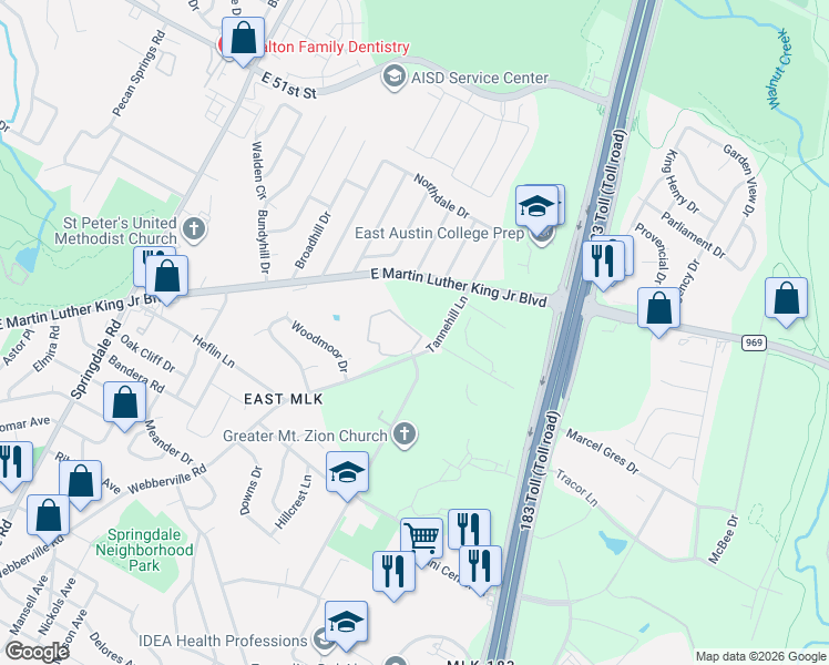 map of restaurants, bars, coffee shops, grocery stores, and more near 4600-4784 Tannehill Ln in Austin
