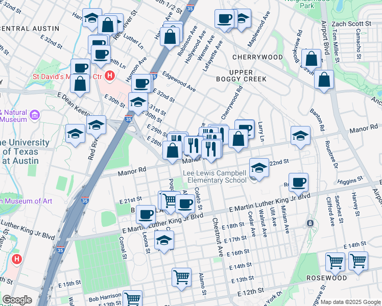 map of restaurants, bars, coffee shops, grocery stores, and more near 2903 Breeze Terrace in Austin