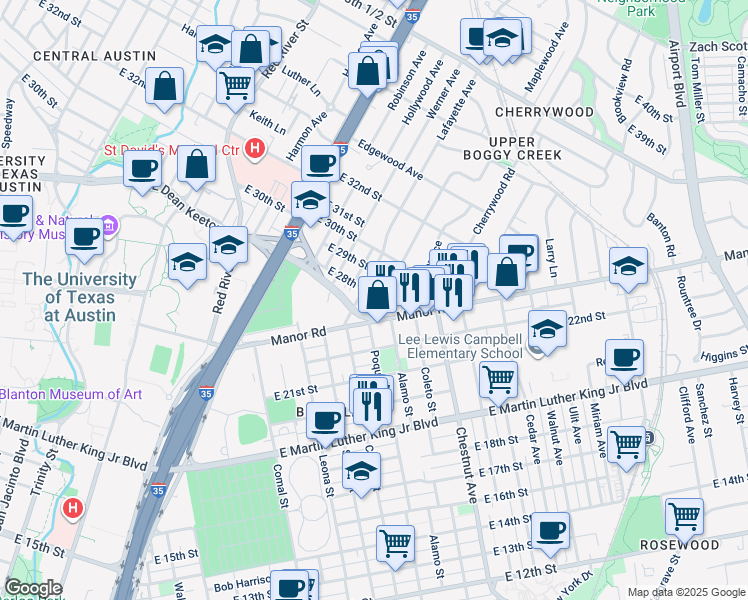 map of restaurants, bars, coffee shops, grocery stores, and more near 2800 French Place in Austin