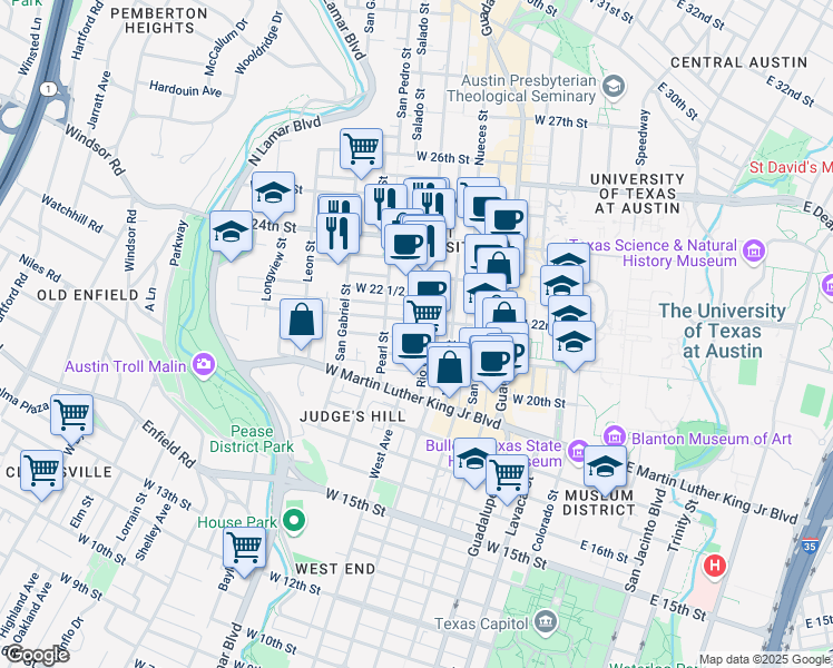 map of restaurants, bars, coffee shops, grocery stores, and more near 709 1/2 West 22nd Street in Austin