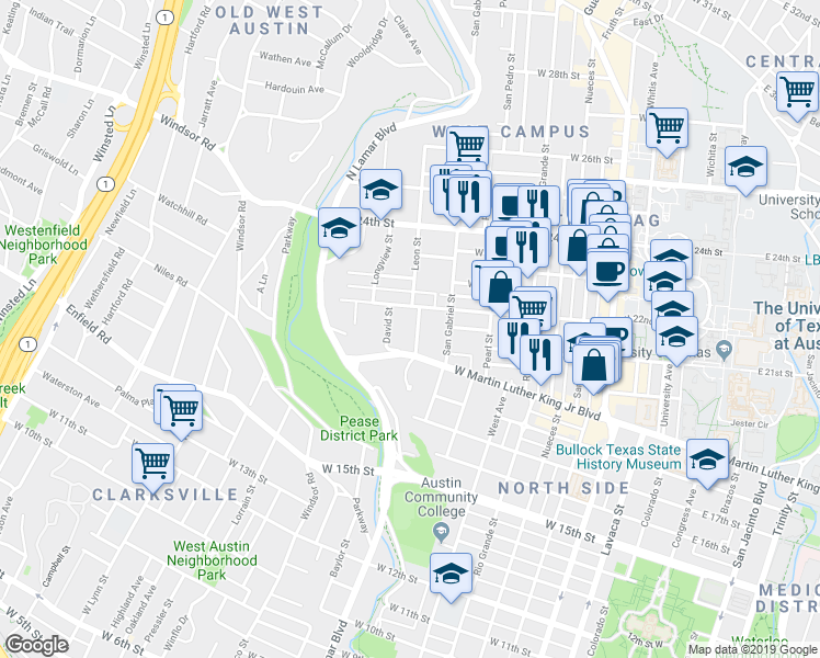 map of restaurants, bars, coffee shops, grocery stores, and more near 1915 Robbins Place in Austin