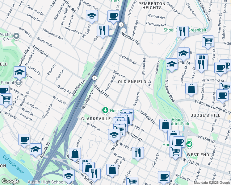 map of restaurants, bars, coffee shops, grocery stores, and more near 1713 Summit View Place in Austin