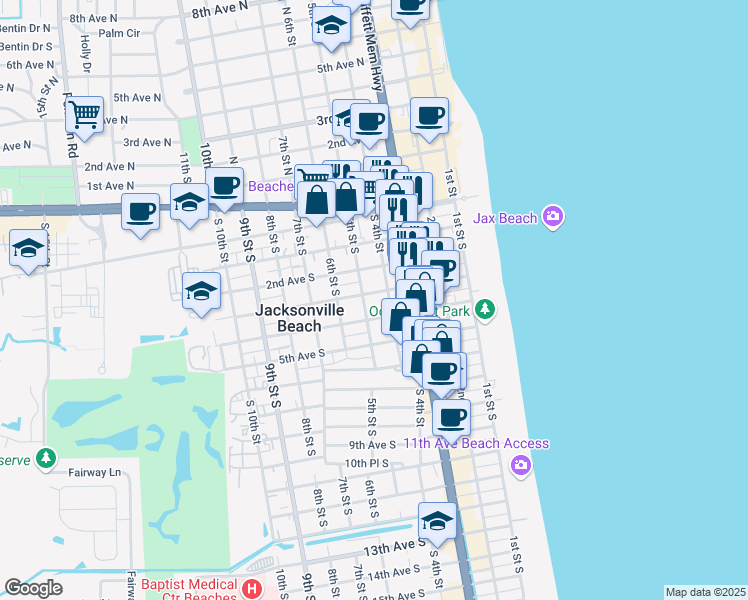 map of restaurants, bars, coffee shops, grocery stores, and more near 422 3rd Avenue South in Jacksonville Beach