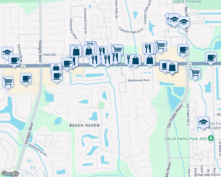 map of restaurants, bars, coffee shops, grocery stores, and more near 3521 Waterchase Way East in Jacksonville