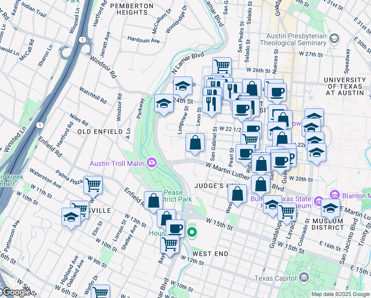 map of restaurants, bars, coffee shops, grocery stores, and more near 1913 David Street in Austin
