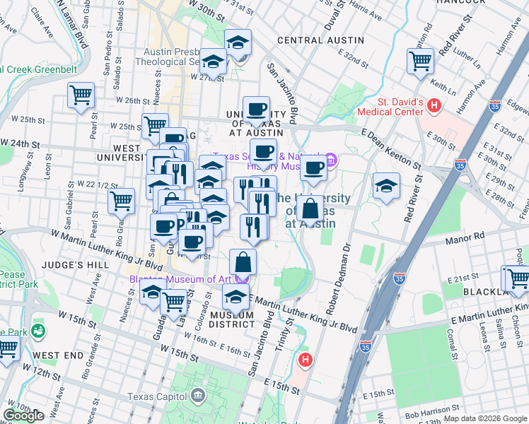 map of restaurants, bars, coffee shops, grocery stores, and more near 2505 Speedway in Austin