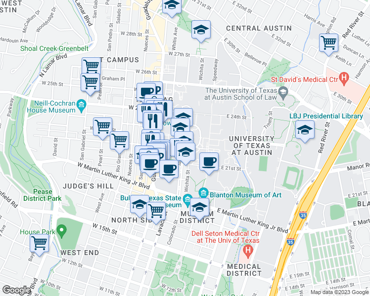 map of restaurants, bars, coffee shops, grocery stores, and more near South Mall in Austin
