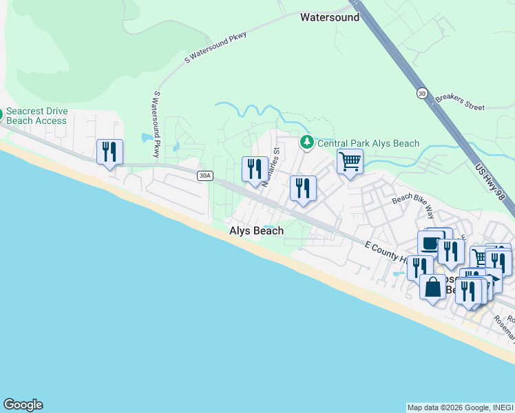map of restaurants, bars, coffee shops, grocery stores, and more near 147 West La Garza Lane in Panama City Beach