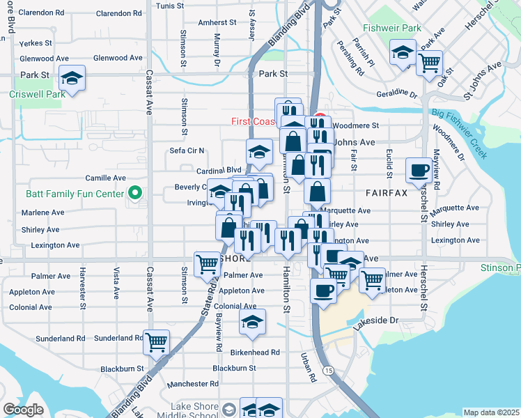 map of restaurants, bars, coffee shops, grocery stores, and more near 4541 Shirley Avenue in Jacksonville