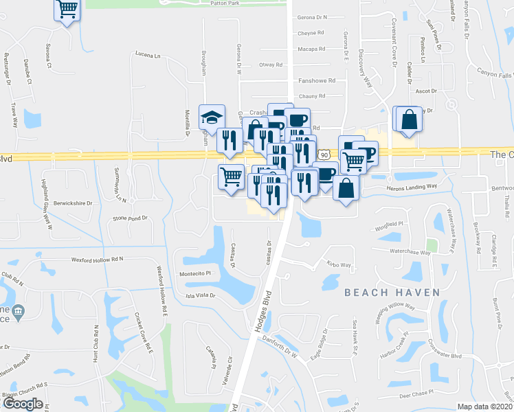 map of restaurants, bars, coffee shops, grocery stores, and more near 13500 Beach Boulevard in Jacksonville