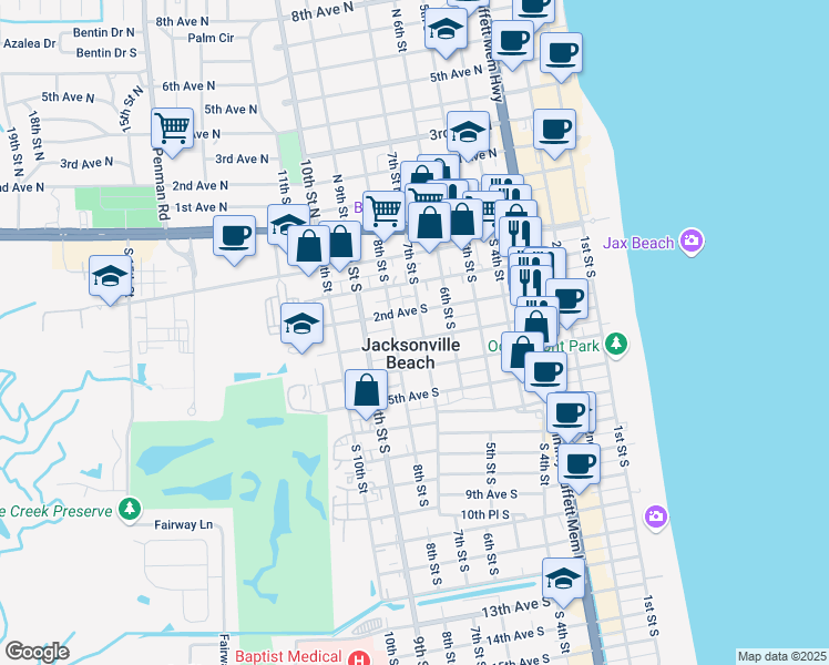 map of restaurants, bars, coffee shops, grocery stores, and more near 711 3rd Avenue South in Jacksonville Beach
