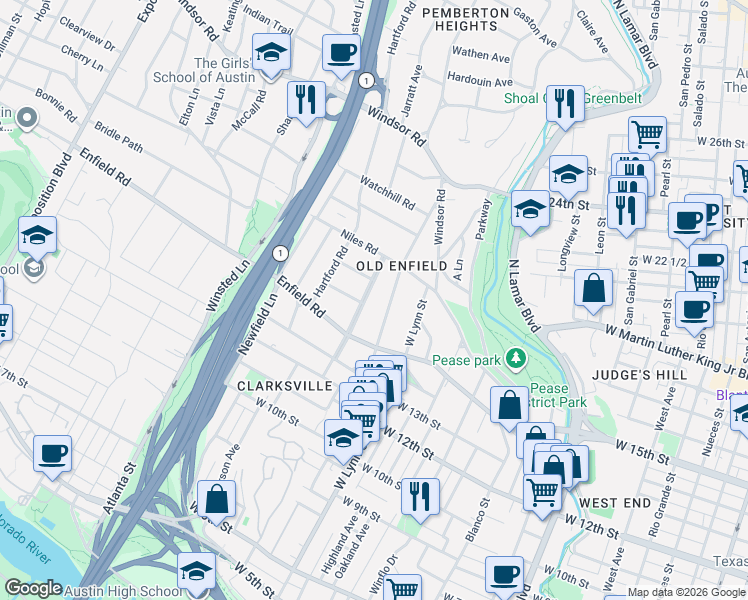 map of restaurants, bars, coffee shops, grocery stores, and more near 1700 Woodlawn Boulevard in Austin
