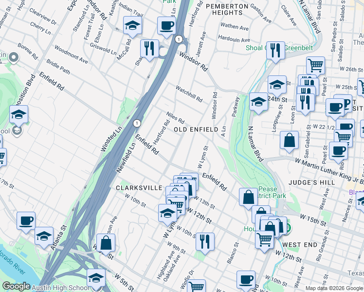 map of restaurants, bars, coffee shops, grocery stores, and more near 1700 Woodlawn Boulevard in Austin