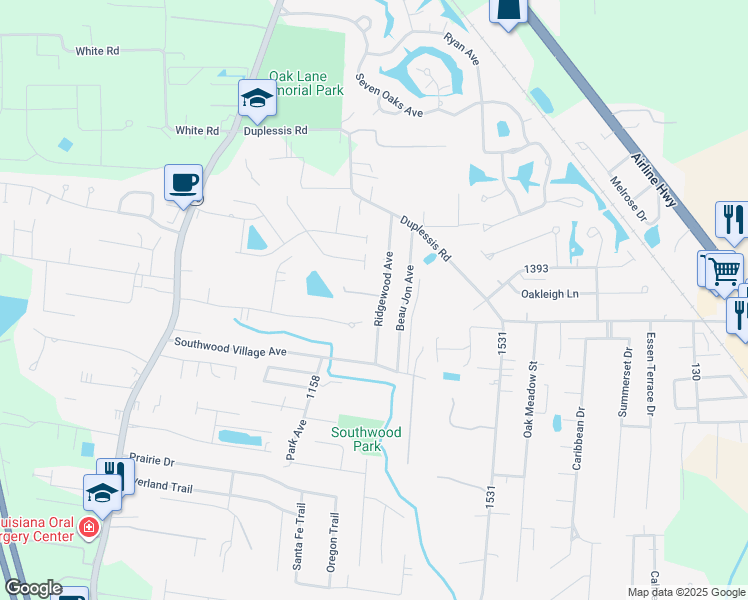map of restaurants, bars, coffee shops, grocery stores, and more near 14459 Ridgewood Avenue in Prairieville