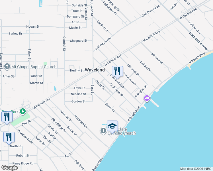 map of restaurants, bars, coffee shops, grocery stores, and more near 312 Perron Street in Waveland