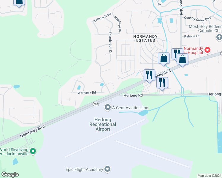 map of restaurants, bars, coffee shops, grocery stores, and more near 1682 Jayhawk Lane East in Jacksonville