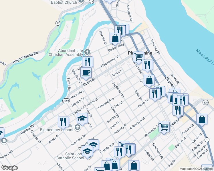 map of restaurants, bars, coffee shops, grocery stores, and more near 58251 Meriam Street in Plaquemine