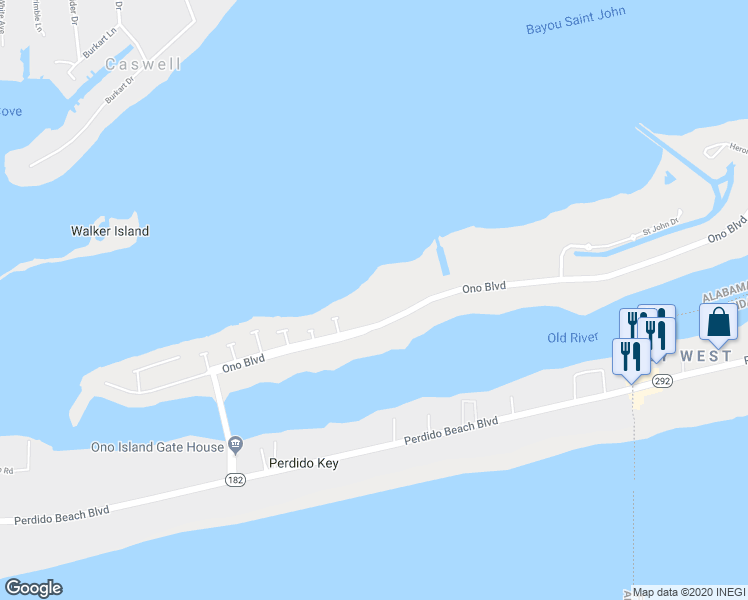 map of restaurants, bars, coffee shops, grocery stores, and more near 29079 Ono Blvd in Orange Beach