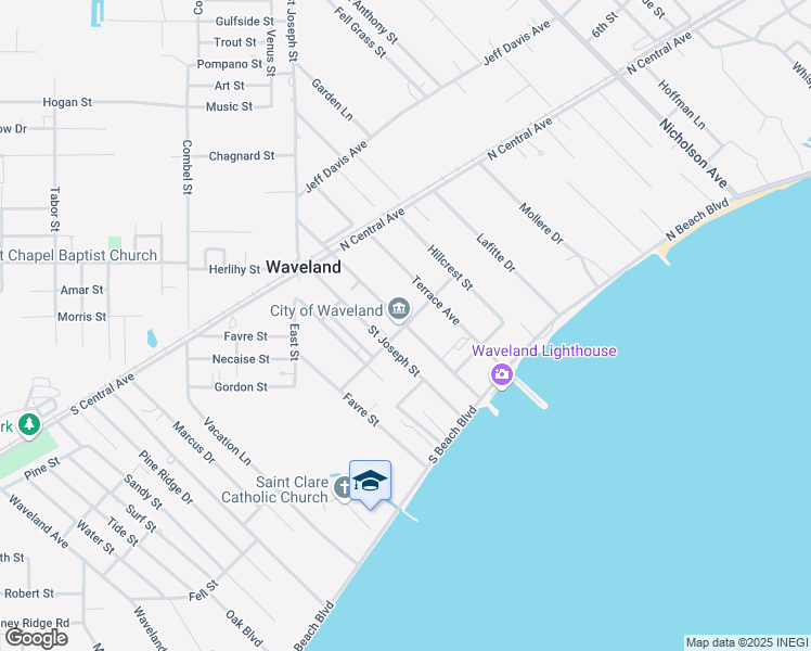 map of restaurants, bars, coffee shops, grocery stores, and more near Coleman Ave & N Bourgeois St in Waveland