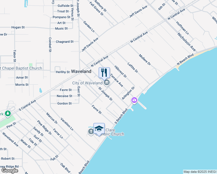 map of restaurants, bars, coffee shops, grocery stores, and more near Coleman Ave & N Bourgeois St in Waveland