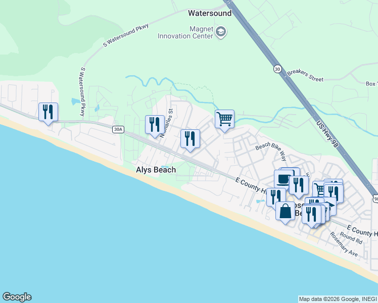 map of restaurants, bars, coffee shops, grocery stores, and more near 30 Mark Twain Lane in Alys Beach