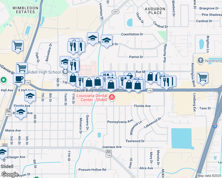 map of restaurants, bars, coffee shops, grocery stores, and more near 1100 Gause Boulevard in Slidell