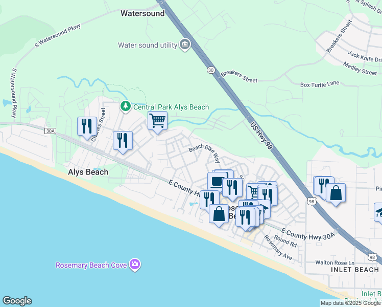 map of restaurants, bars, coffee shops, grocery stores, and more near 105 East Blue Crab Loop in Rosemary Beach