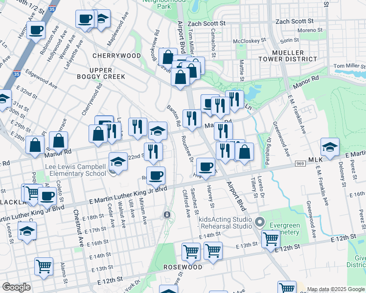 map of restaurants, bars, coffee shops, grocery stores, and more near 2200 Rountree Drive in Austin
