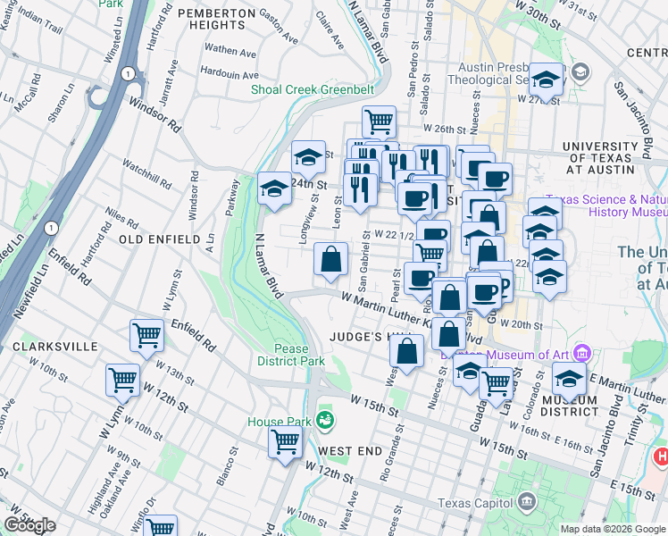 map of restaurants, bars, coffee shops, grocery stores, and more near 1915 Robbins Place in Austin