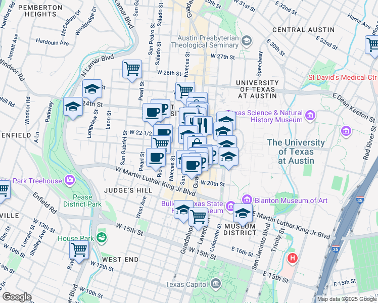 map of restaurants, bars, coffee shops, grocery stores, and more near 405 West 22nd Street in Austin