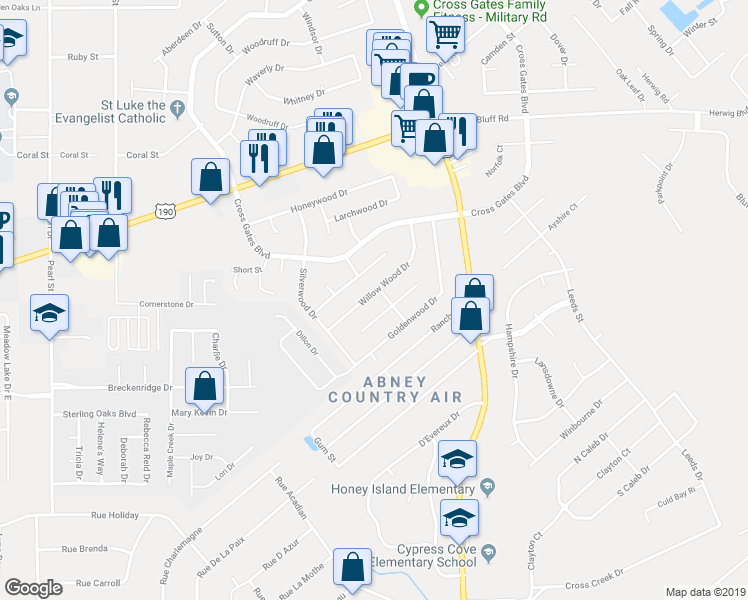 map of restaurants, bars, coffee shops, grocery stores, and more near 136 Willow Wood Drive in Slidell