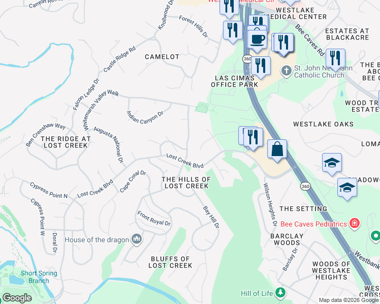 map of restaurants, bars, coffee shops, grocery stores, and more near 1211 Quaker Ridge Dr in Austin