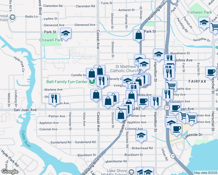 map of restaurants, bars, coffee shops, grocery stores, and more near 4820 Irvington Avenue in Jacksonville