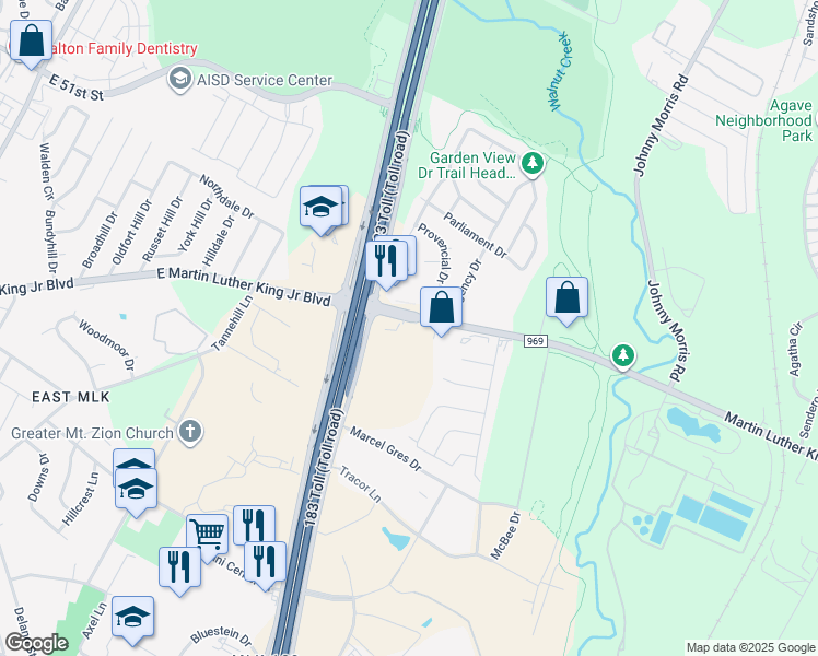 map of restaurants, bars, coffee shops, grocery stores, and more near 6121 Farm to Market 969 in Austin