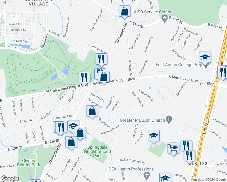 map of restaurants, bars, coffee shops, grocery stores, and more near 4804 Heflin Lane in Austin