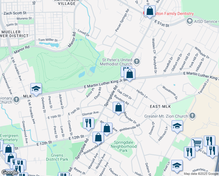 map of restaurants, bars, coffee shops, grocery stores, and more near 1802 Overhill Drive in Austin