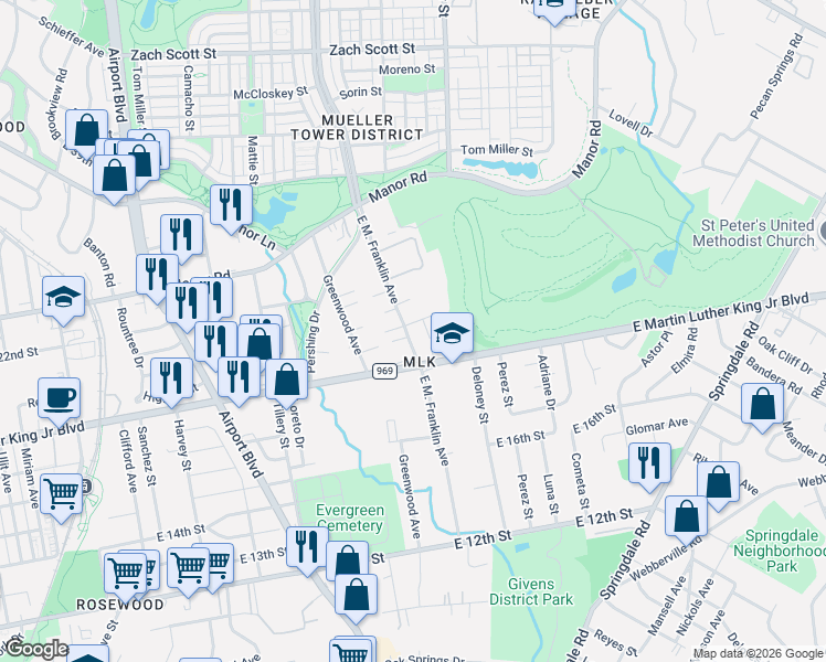 map of restaurants, bars, coffee shops, grocery stores, and more near 1919 E. M. Franklin Avenue in Austin