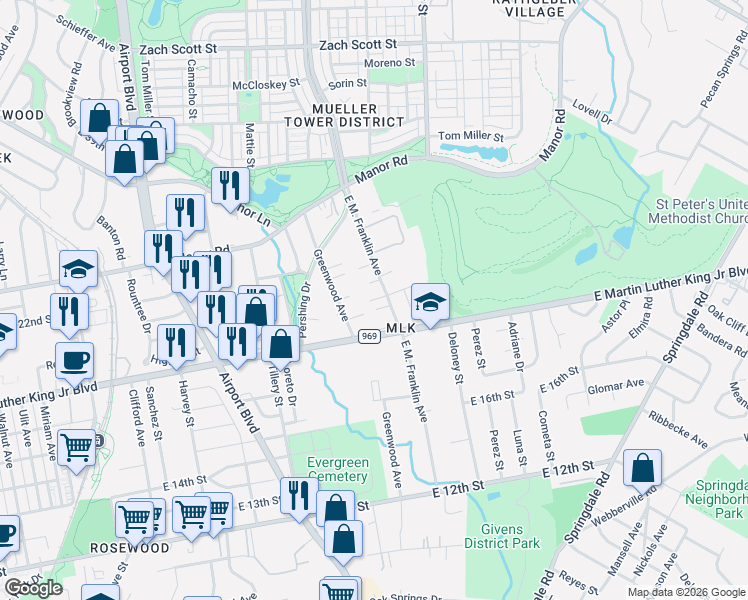 map of restaurants, bars, coffee shops, grocery stores, and more near 2005 Greenwood Avenue in Austin