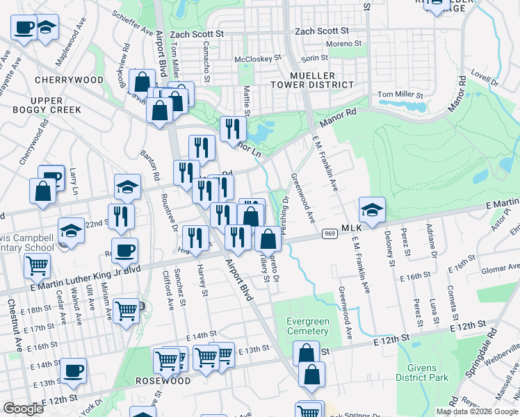 map of restaurants, bars, coffee shops, grocery stores, and more near 2038 Encino Circle in Austin