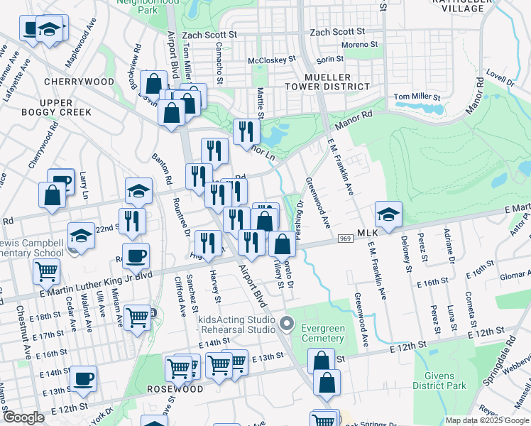 map of restaurants, bars, coffee shops, grocery stores, and more near 2038 Encino Circle in Austin