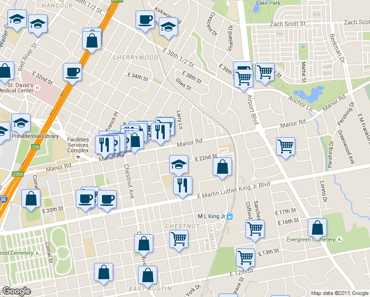 map of restaurants, bars, coffee shops, grocery stores, and more near in Austin