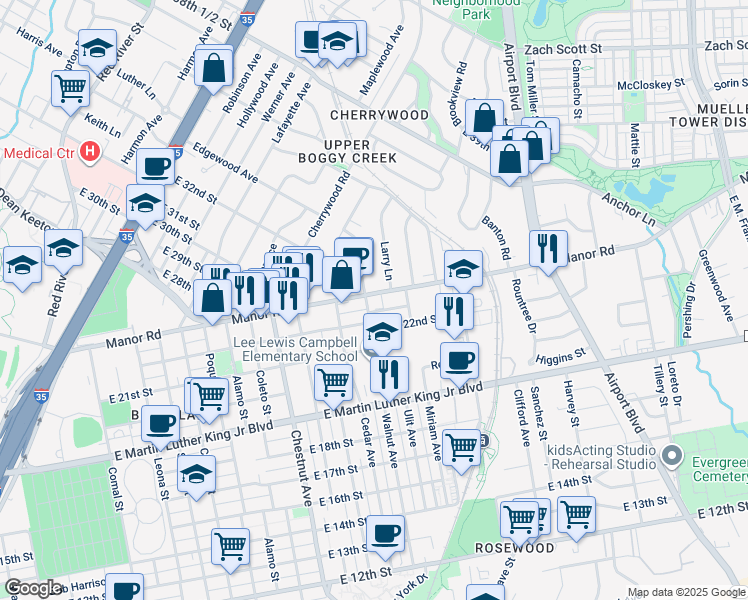 map of restaurants, bars, coffee shops, grocery stores, and more near 2610 Manor Road in Austin