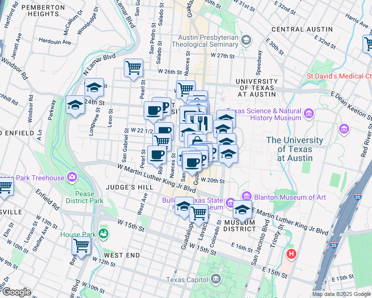 map of restaurants, bars, coffee shops, grocery stores, and more near 405 West 22nd Street in Austin