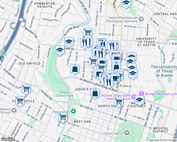 map of restaurants, bars, coffee shops, grocery stores, and more near 908 West 21st Street in Austin