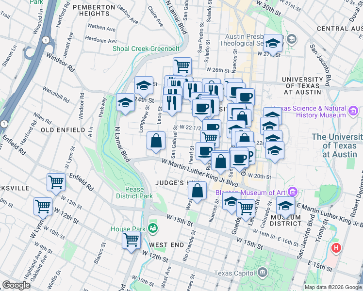 map of restaurants, bars, coffee shops, grocery stores, and more near 908 West 21st Street in Austin