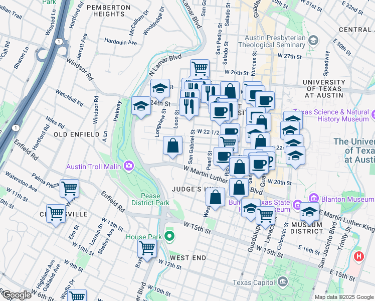 map of restaurants, bars, coffee shops, grocery stores, and more near 1915 Robbins Place in Austin