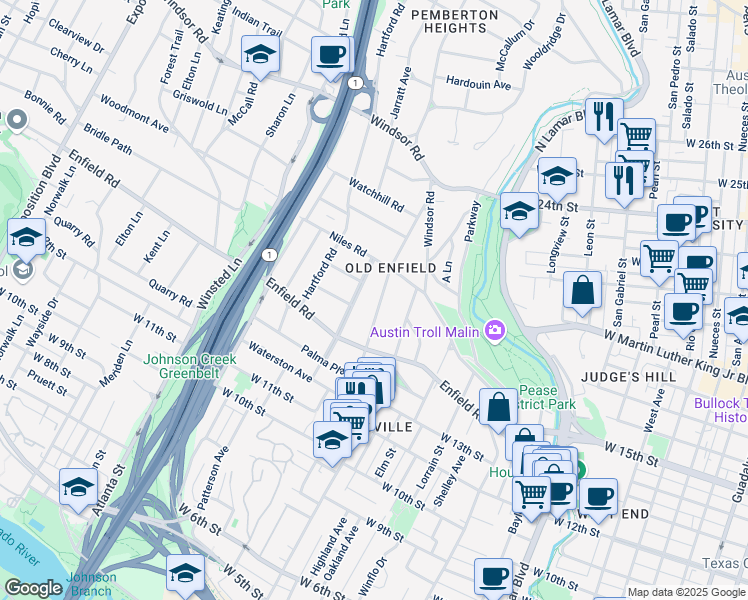 map of restaurants, bars, coffee shops, grocery stores, and more near 1613 Pease Road in Austin