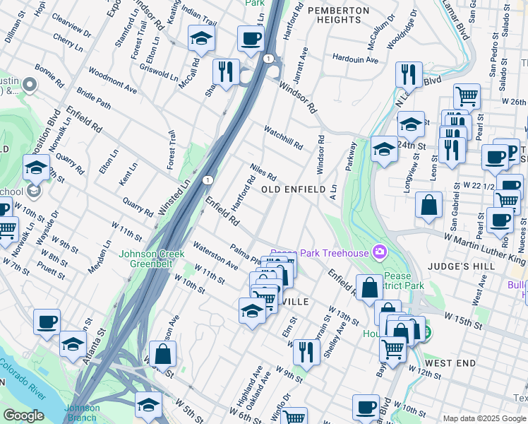 map of restaurants, bars, coffee shops, grocery stores, and more near 1700 Woodlawn Boulevard in Austin