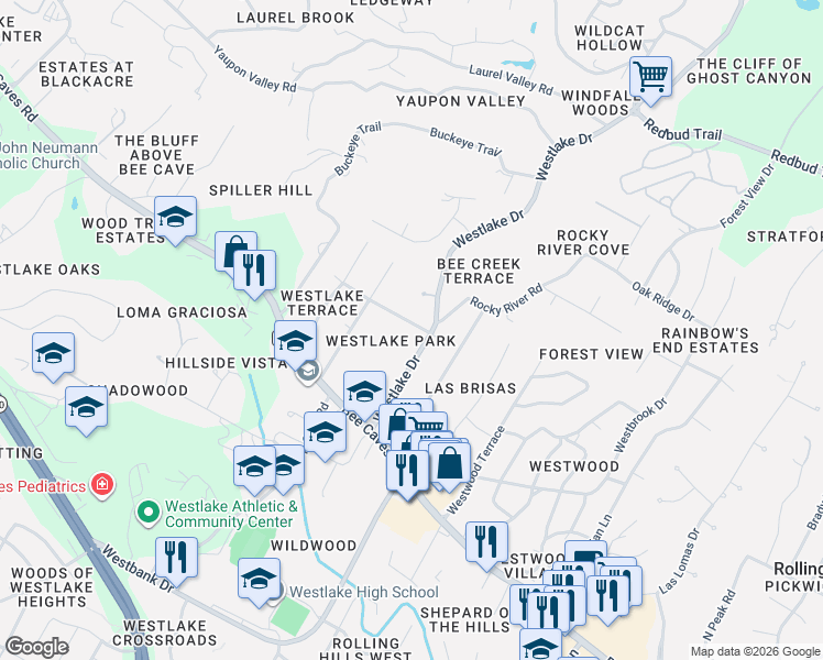 map of restaurants, bars, coffee shops, grocery stores, and more near 109 West Spring Drive in West Lake Hills