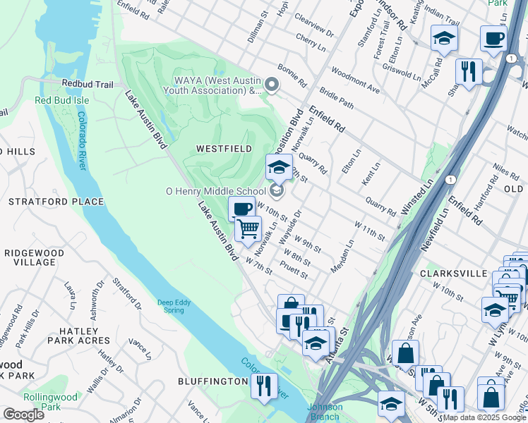 map of restaurants, bars, coffee shops, grocery stores, and more near 2613 West 10th Street in Austin